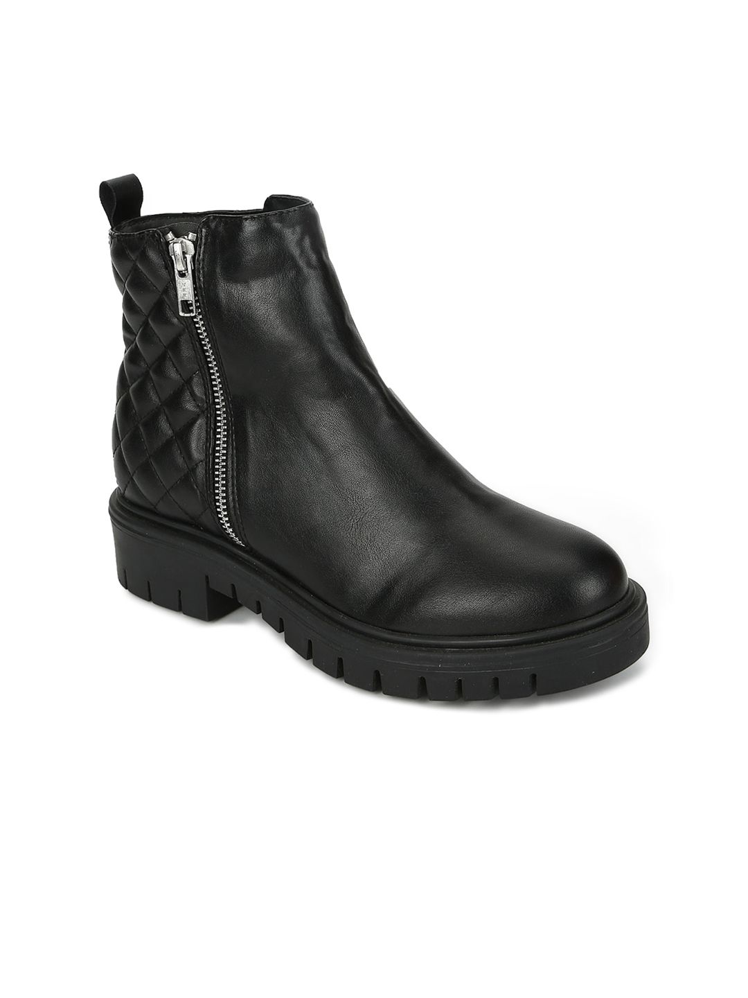 Truffle Collection Black PU Block Heeled Boots Price in India