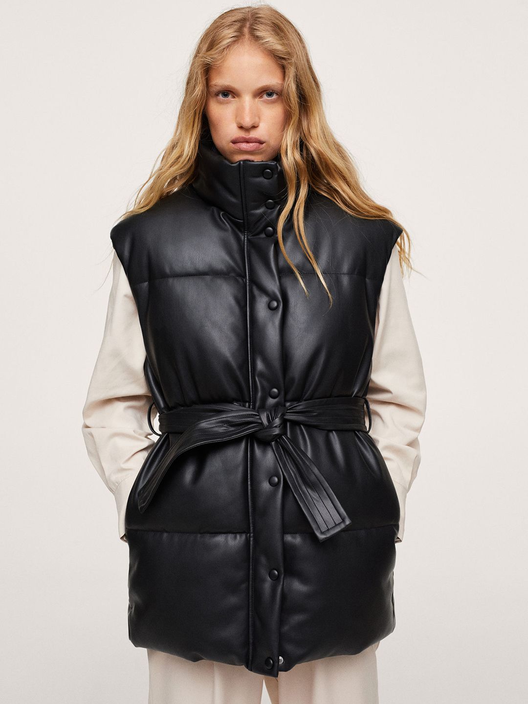 MANGO Women Black Solid Puffer Jacket With Belt Price in India