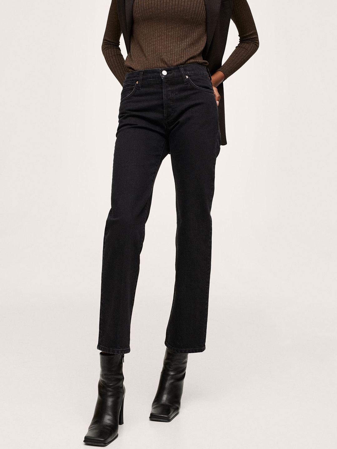 MANGO Women Black Straight Fit Stretchable Jeans Price in India