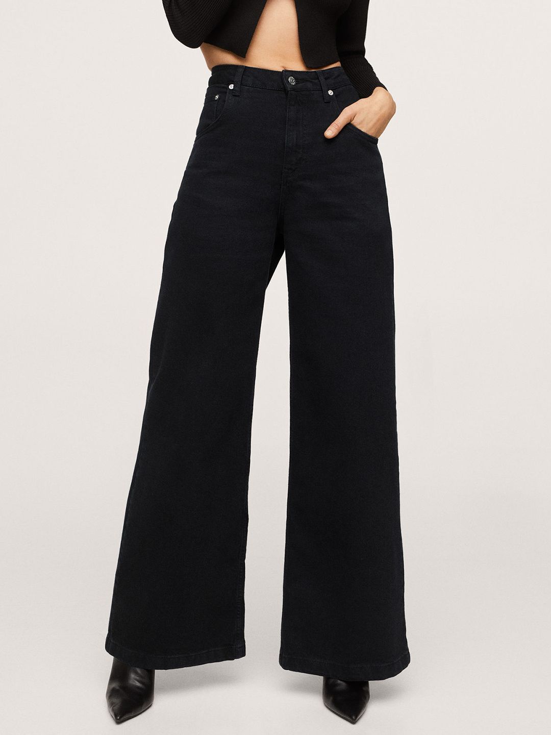 MANGO Women Black Wide Leg High-Rise Jeans Price in India