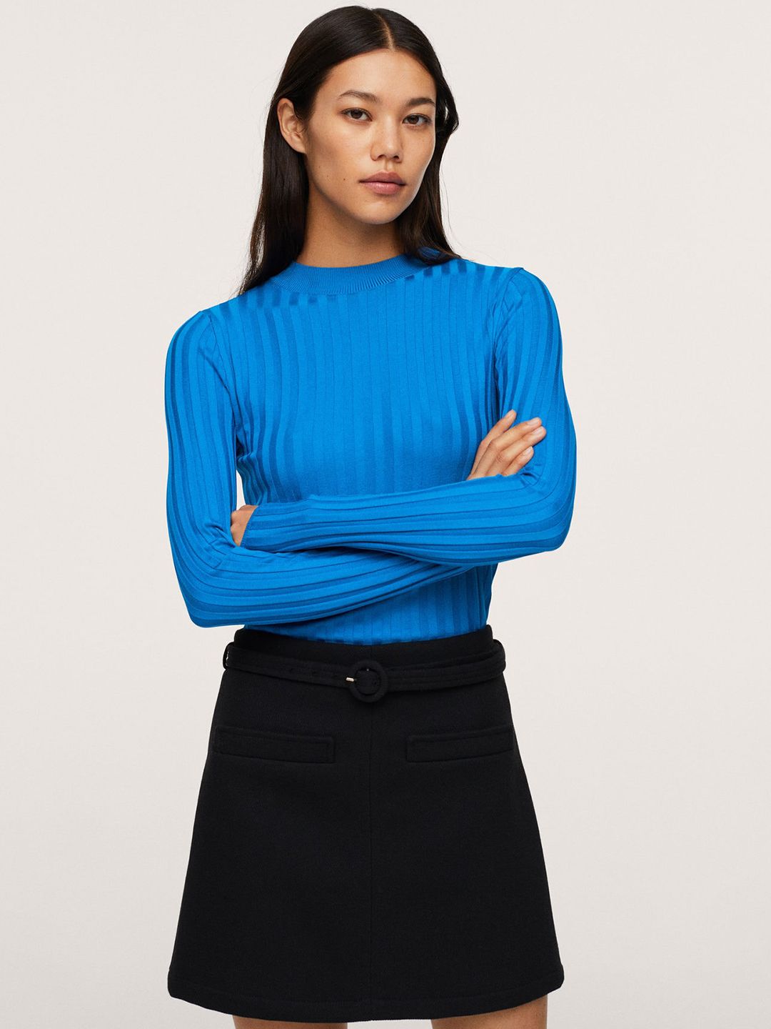 MANGO Women Navy Blue Ribbed Pullover Price in India