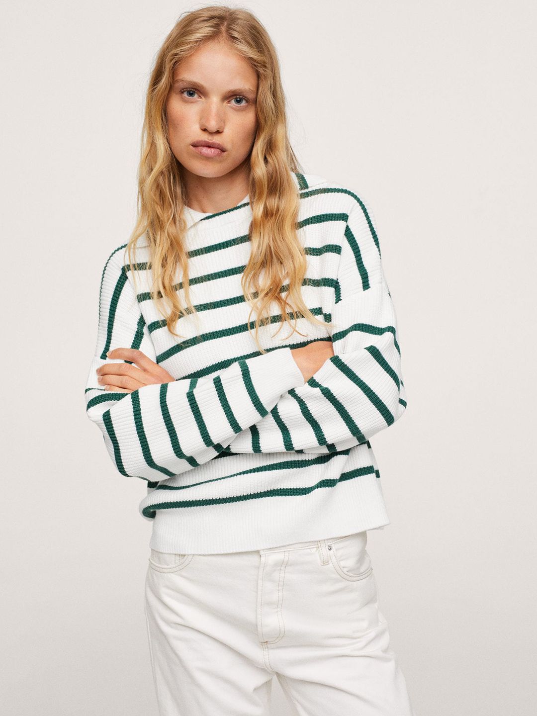 MANGO Women White & Green Striped Pullover Price in India