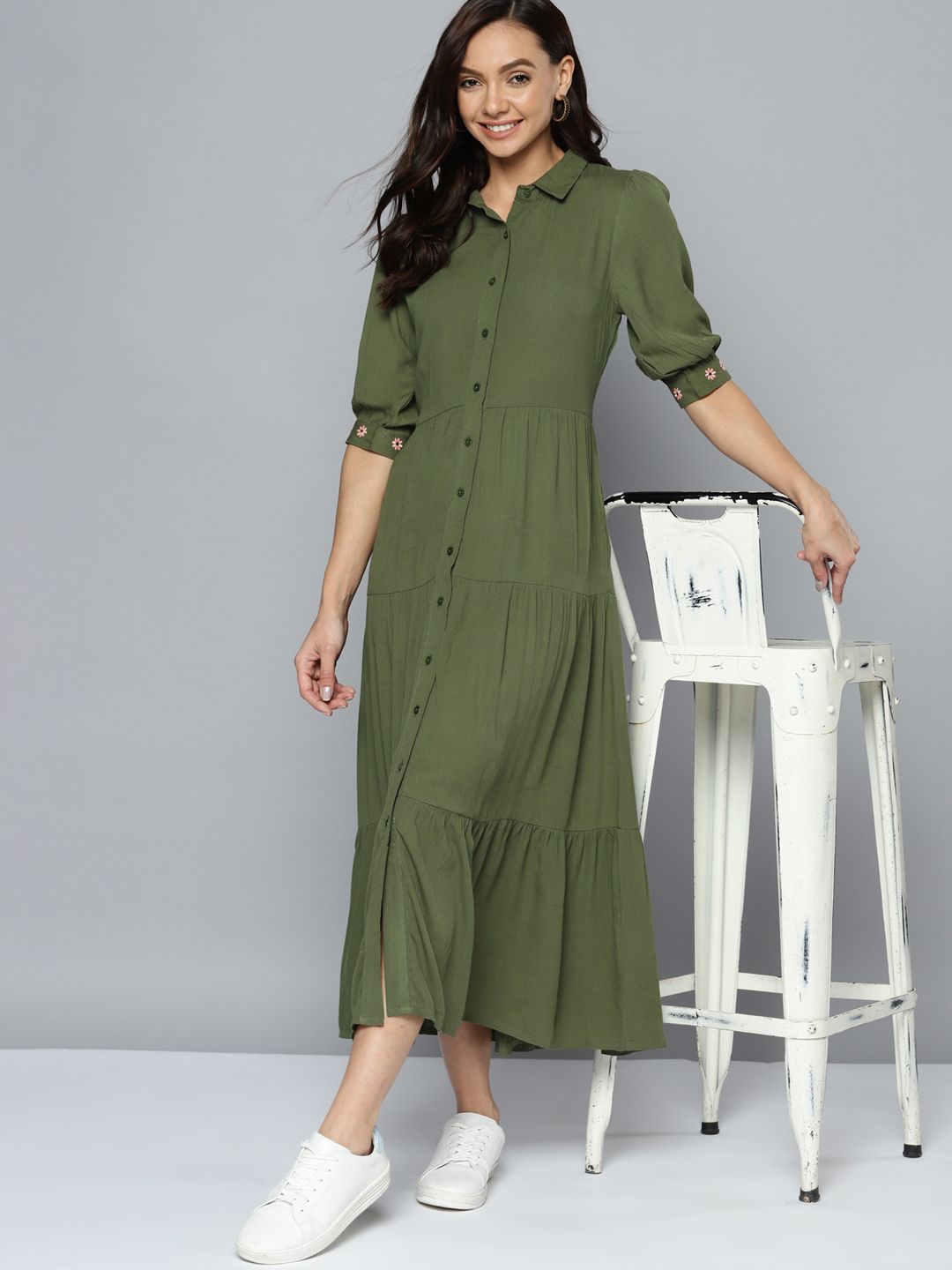Mast & Harbour Olive Green Solid Tiered Maxi Dress Price in India