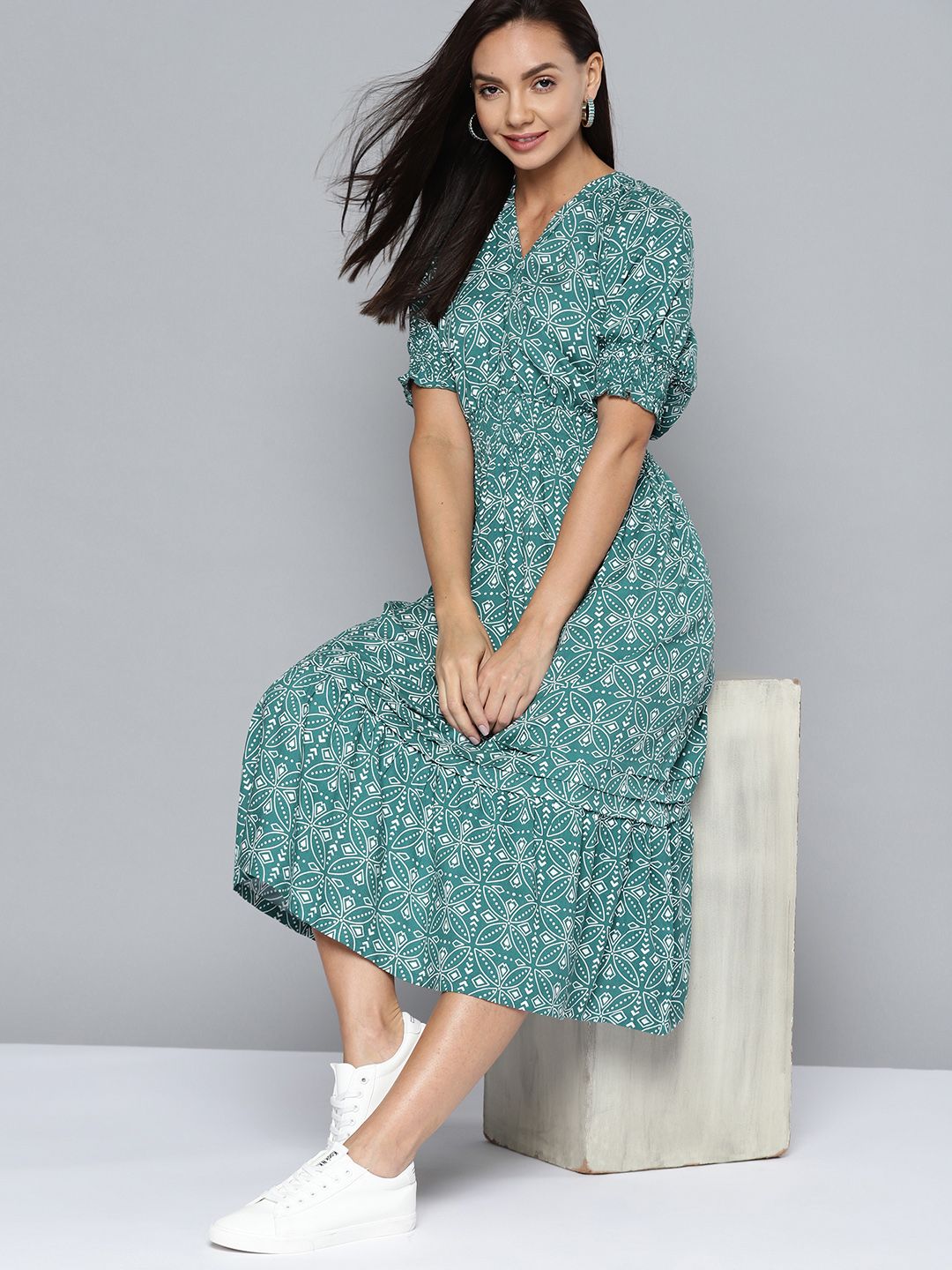 Mast & Harbour Teal Green & White Ethnic Motifs Print A-Line Midi Dress Price in India