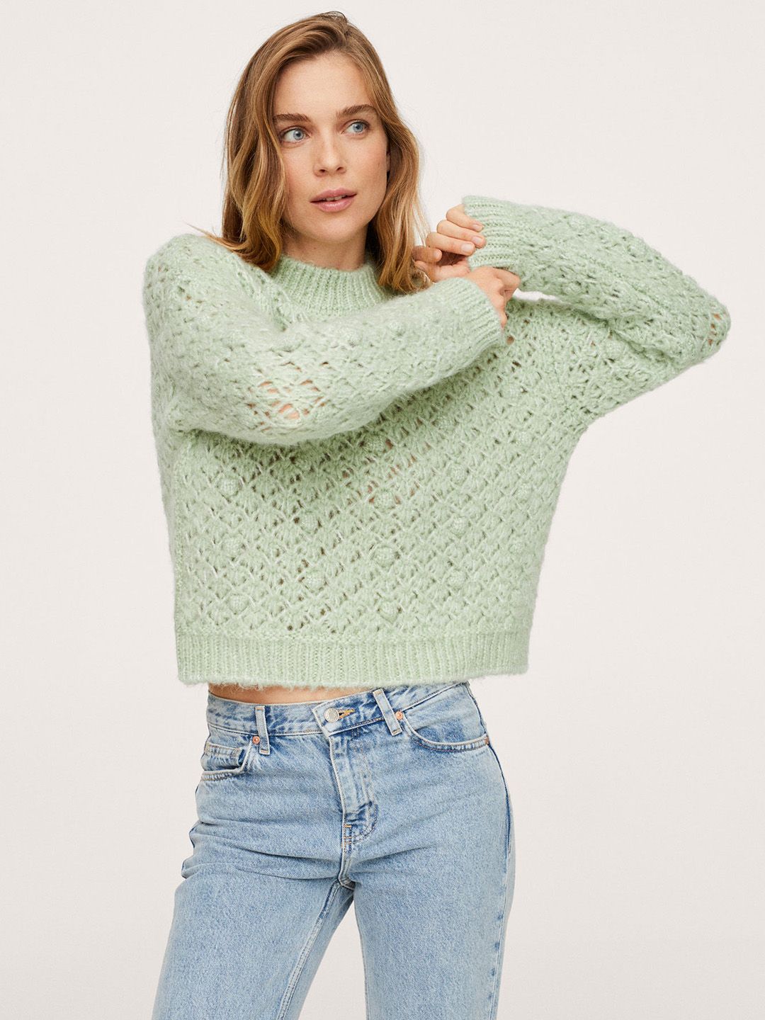 MANGO Women Green Self Design Open Knit Pullover Sweater Price in India