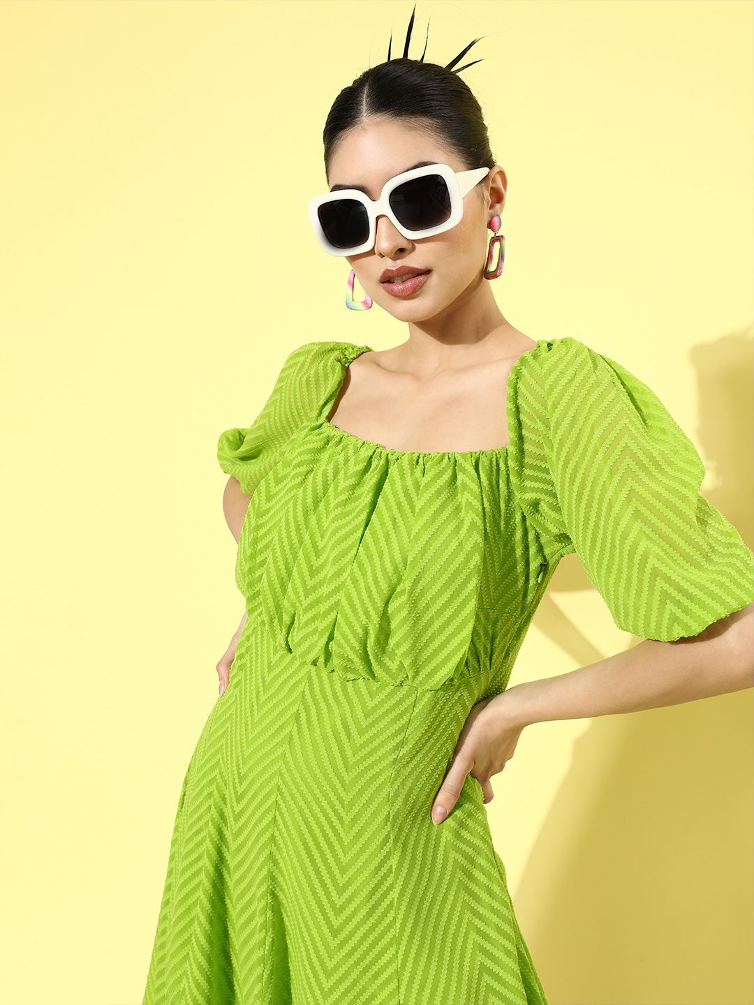 plusS Women Lime Green Printed A-Line Dress Price in India