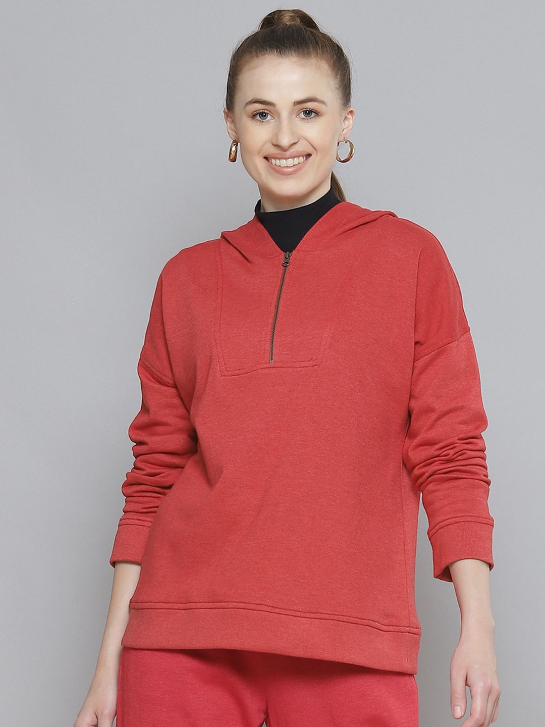Femella Women Red Oversized Fleece Hooded Sweatshirt Price in India