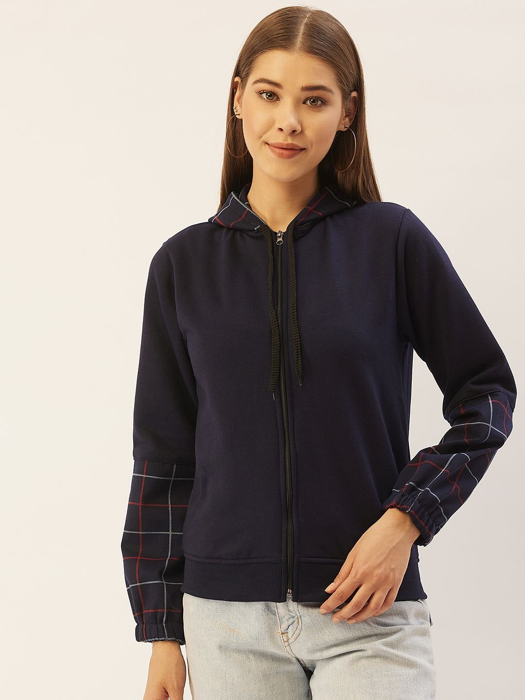 Belle Fille Women Navy Blue Checked Fleece Lightweight Tailored Jacket Price in India