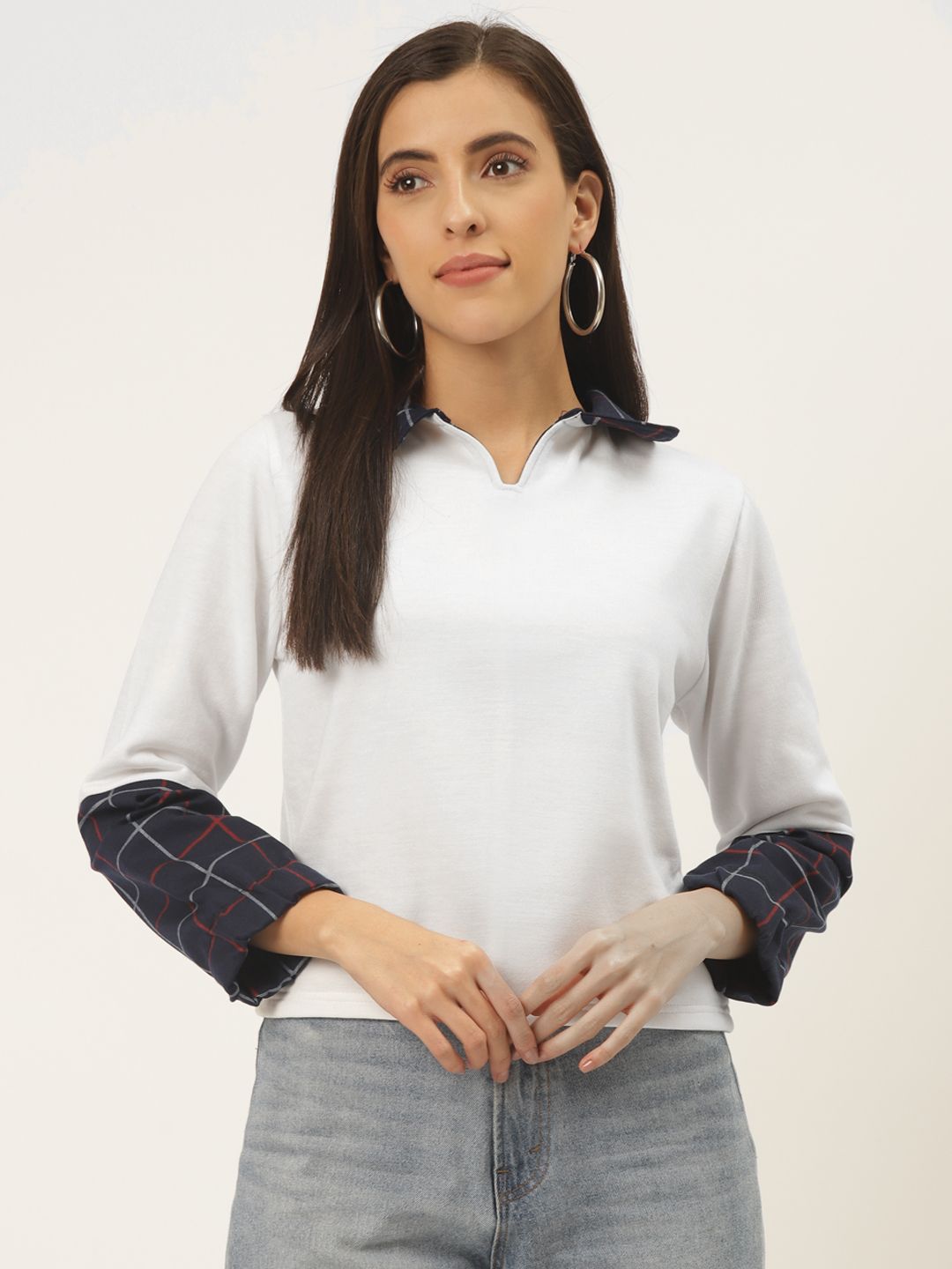 Belle Fille Women White & Black Solid Shirt Collar Sweatshirt Price in India