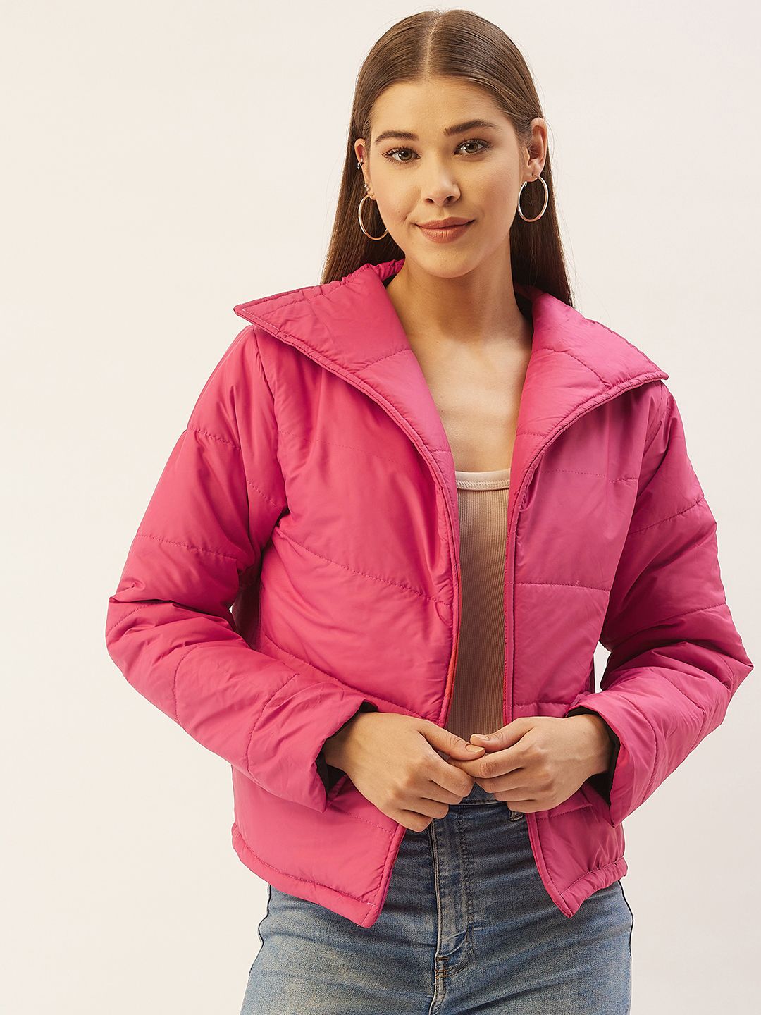 Belle Fille Women Fuchsia Solid Lightweight Padded Jacket Price in India