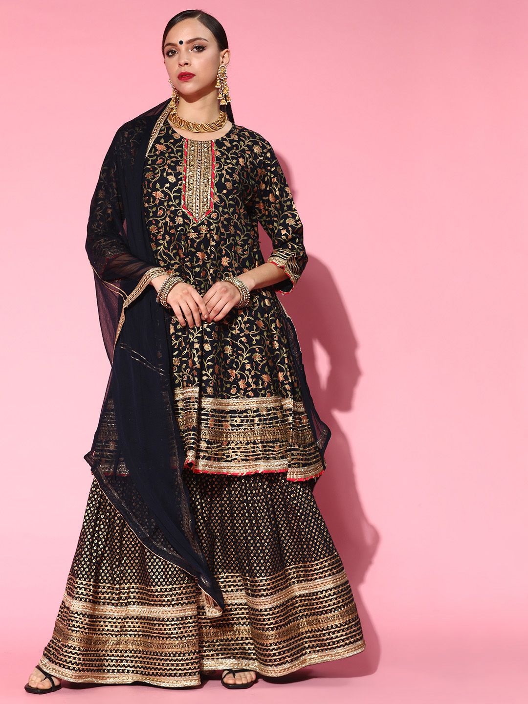 Ishin Women Navy Blue Floral Embroidered Gotta Patti Kurta with Sharara & With Dupatta Price in India