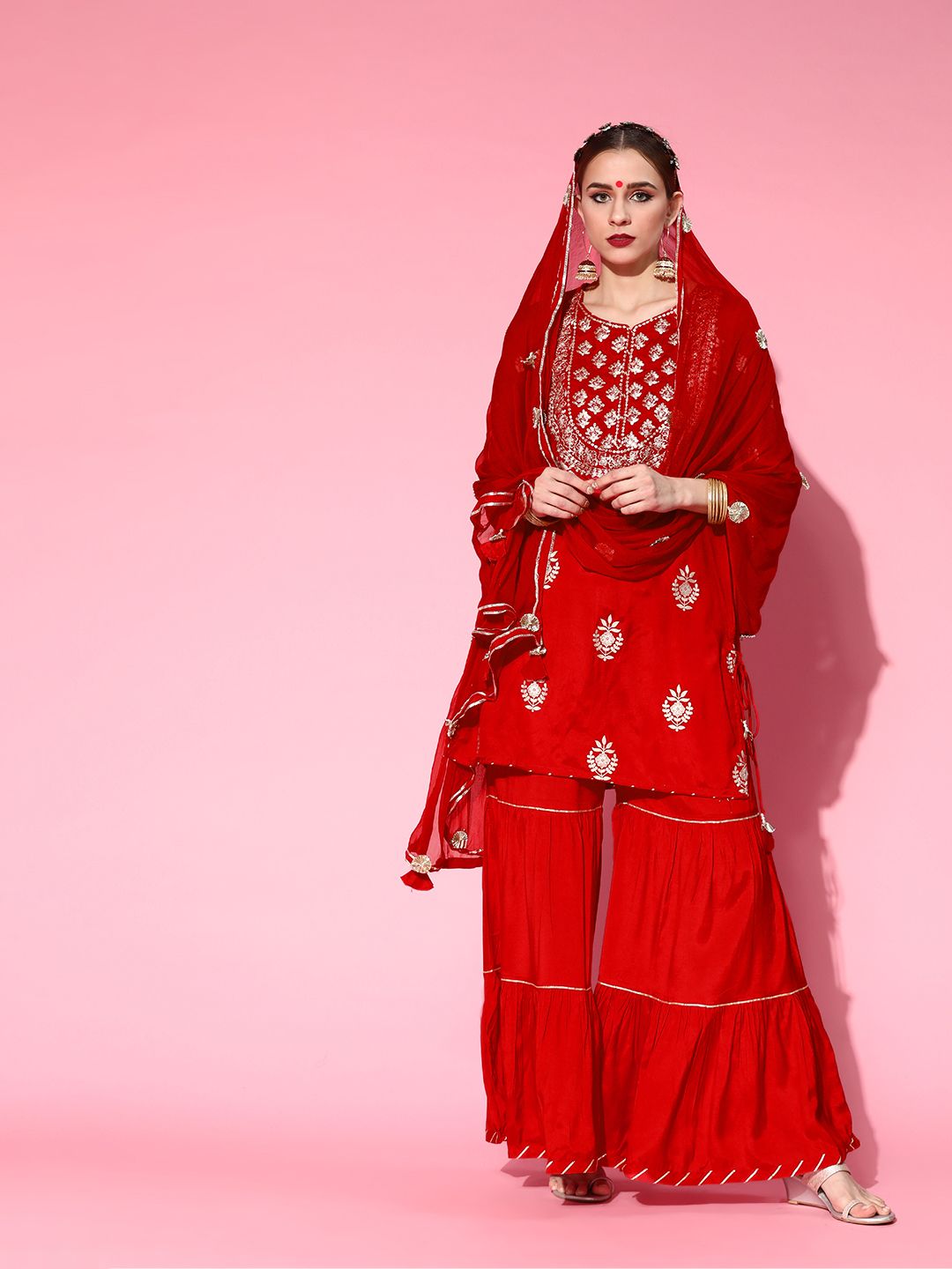 Ishin Women Red Floral Embroidered Regular Kurta with Sharara & With Dupatta Price in India