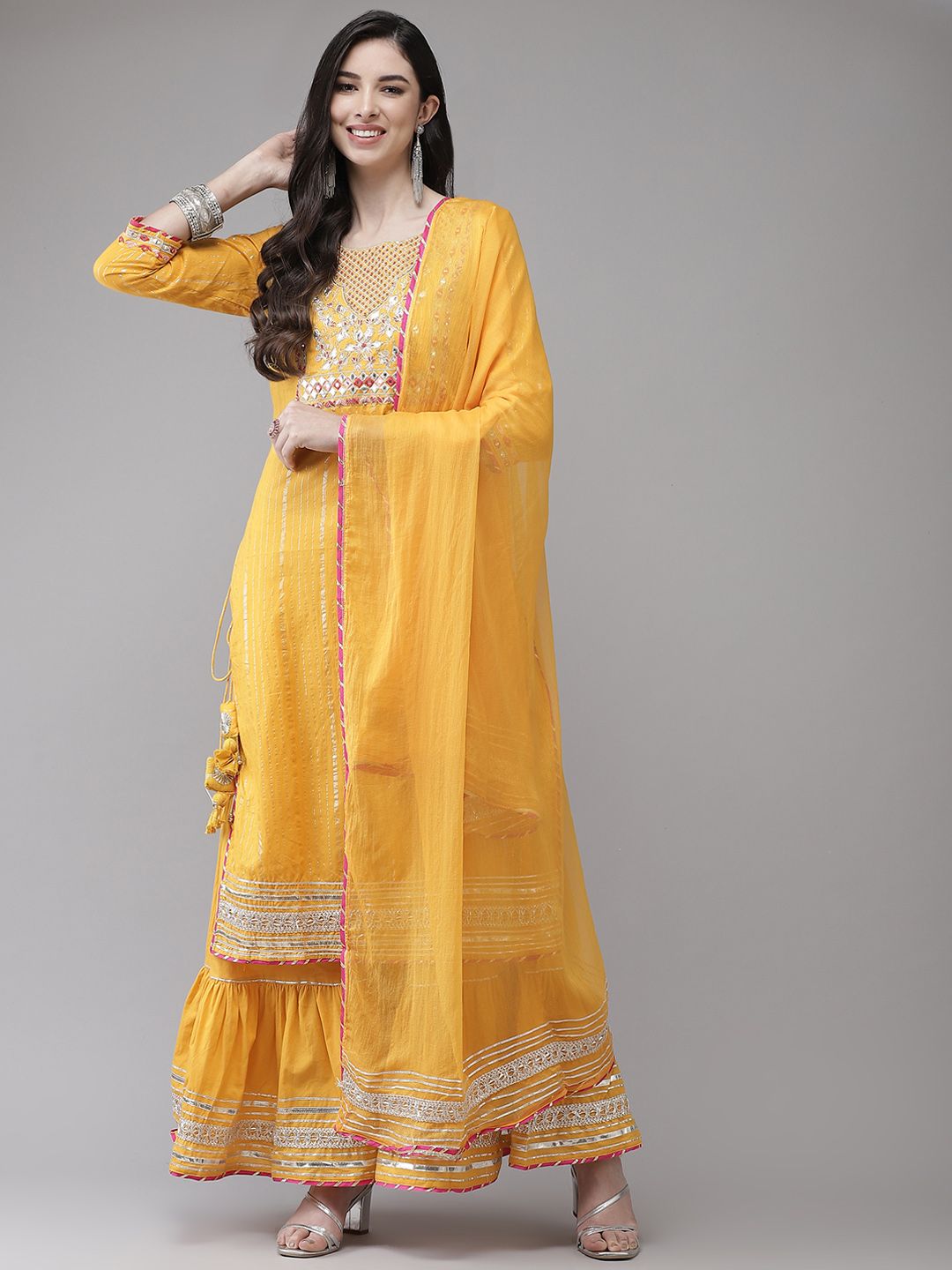 Ishin Women Mustard Yellow Embroidered Regular Gotta Patti Kurta with Sharara & With Dupatta Price in India