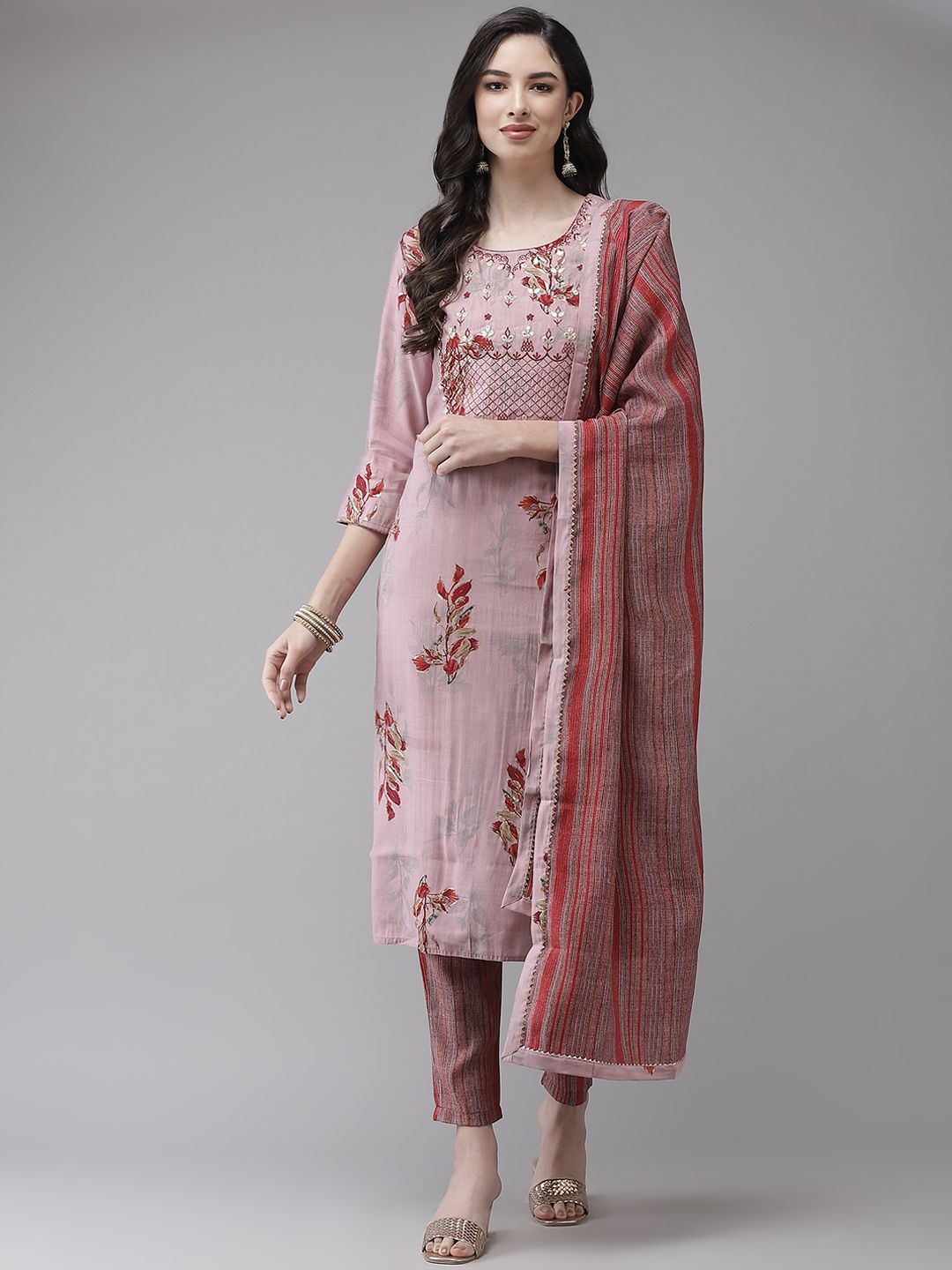 Ishin Women Pink Ethnic Motifs Embroidered Regular Thread Work Kurta with Trousers & With Dupatta Price in India