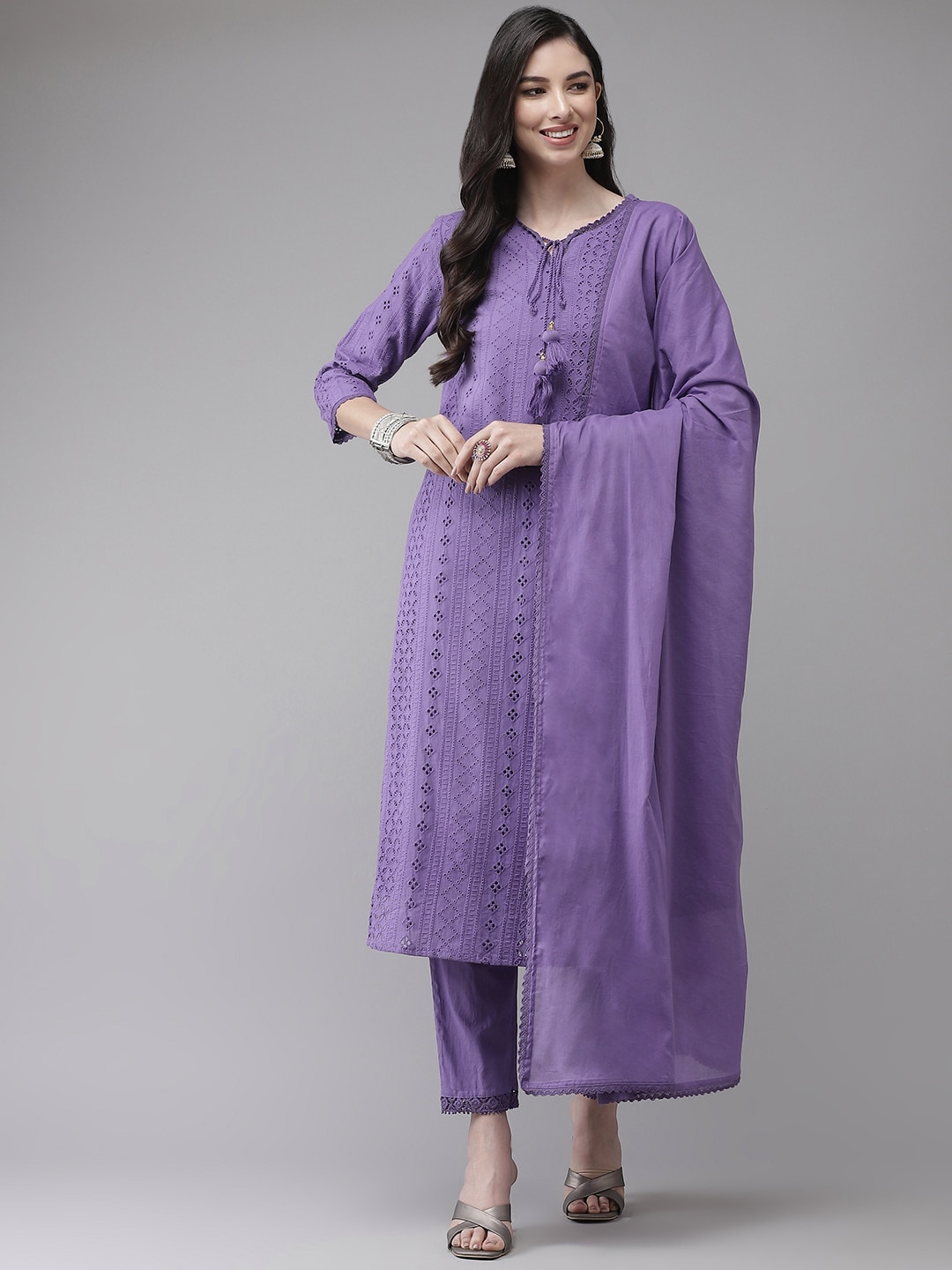 Ishin Women Lavender Regular Pure Cotton Kurta with Trousers & With Dupatta Price in India
