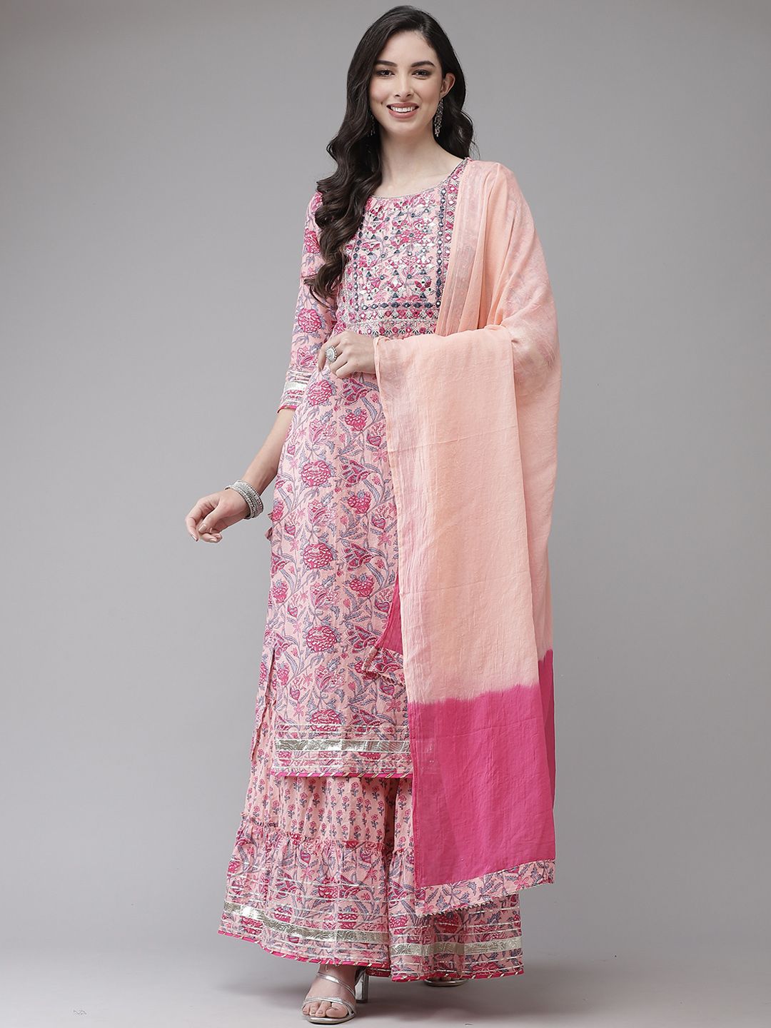 Ishin Women Pink Floral Printed Regular Kurta with Sharara & With Dupatta Price in India