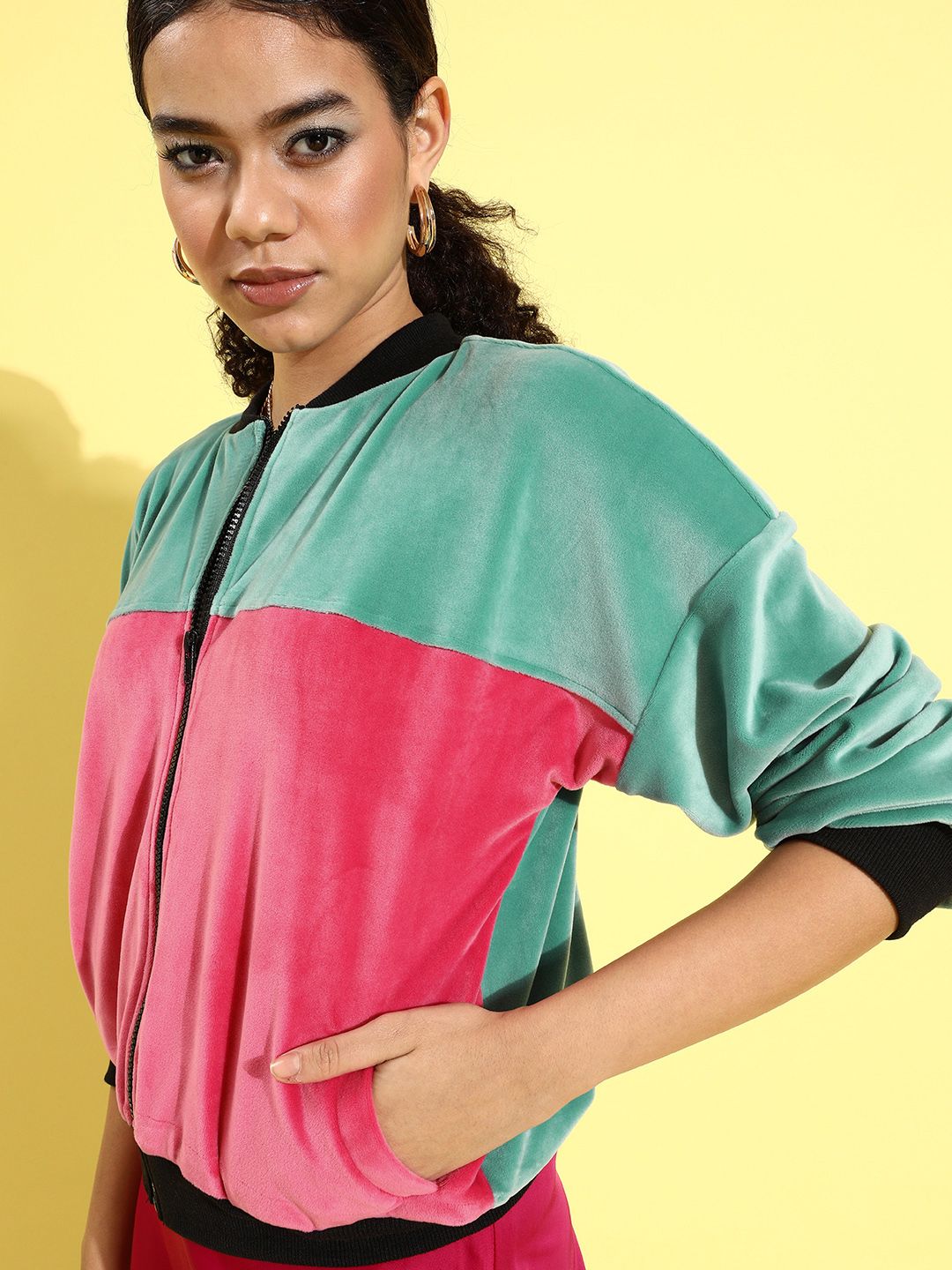 Athena Women Fuchsia & Mint Green Colourblocked Bomber Jacket Price in India