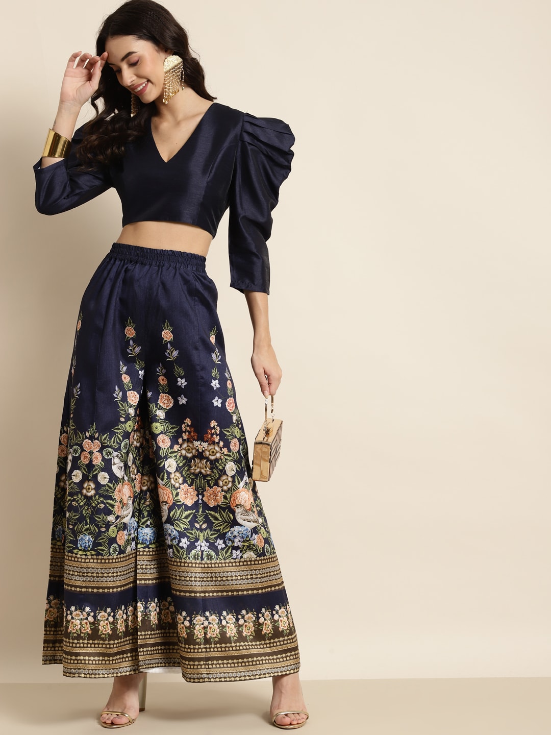 Shae by SASSAFRAS Women Navy Blue Floral Printed Palazzos Price in India