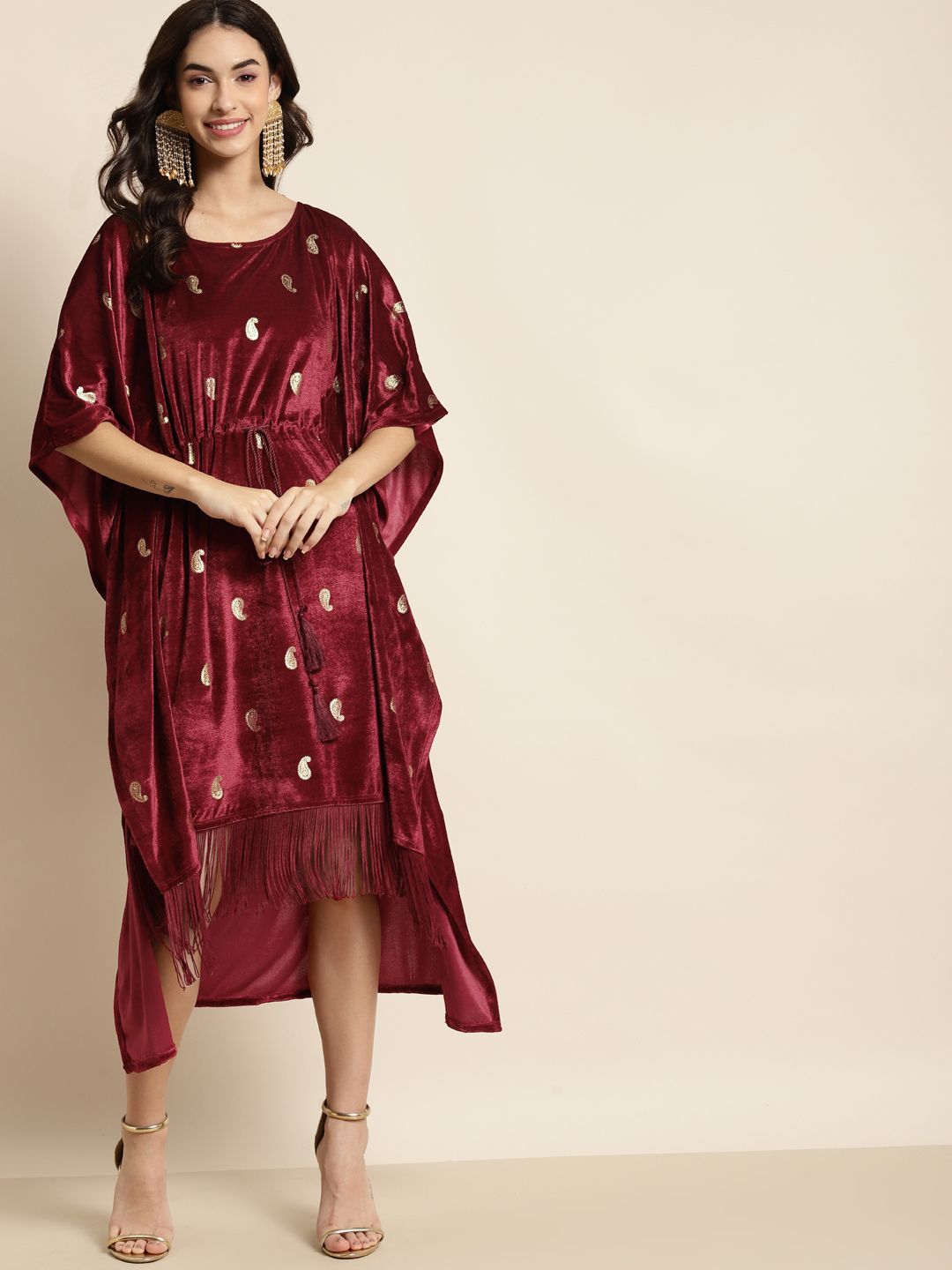 Shae by SASSAFRAS Maroon & Gold-Toned Foil Print Fringed Velvet Kaftan Dress Price in India