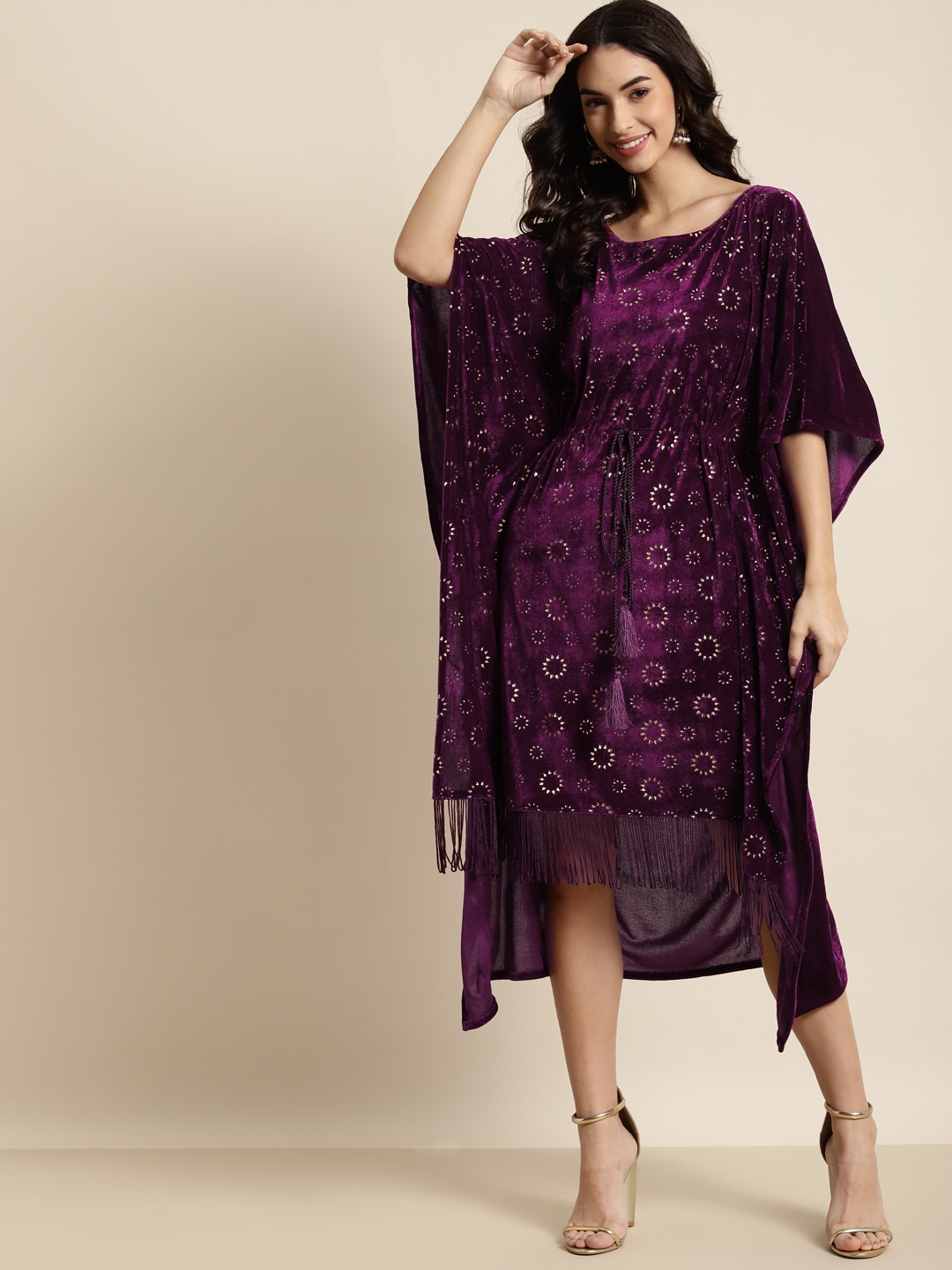 Shae by SASSAFRAS Purple Fringed Velvet Foil Print Kaftan Dress Price in India