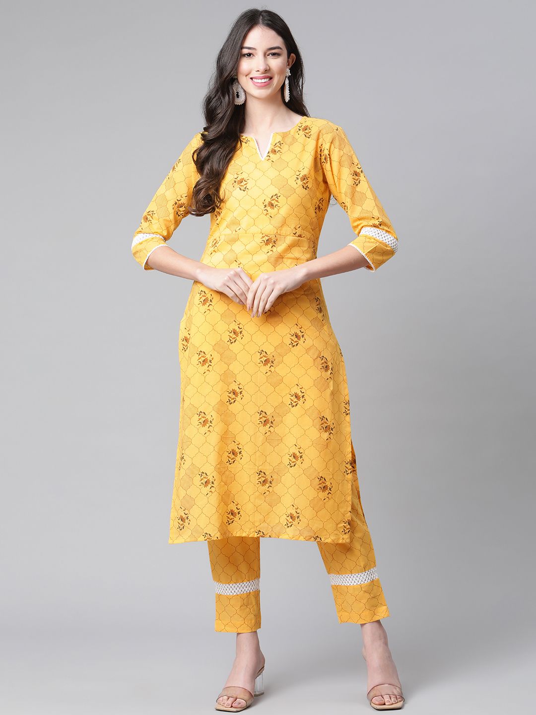 Indibelle Women Mustard Yellow & Brown Pure Cotton Floral & Ethnic Print Straight Kurta Price in India