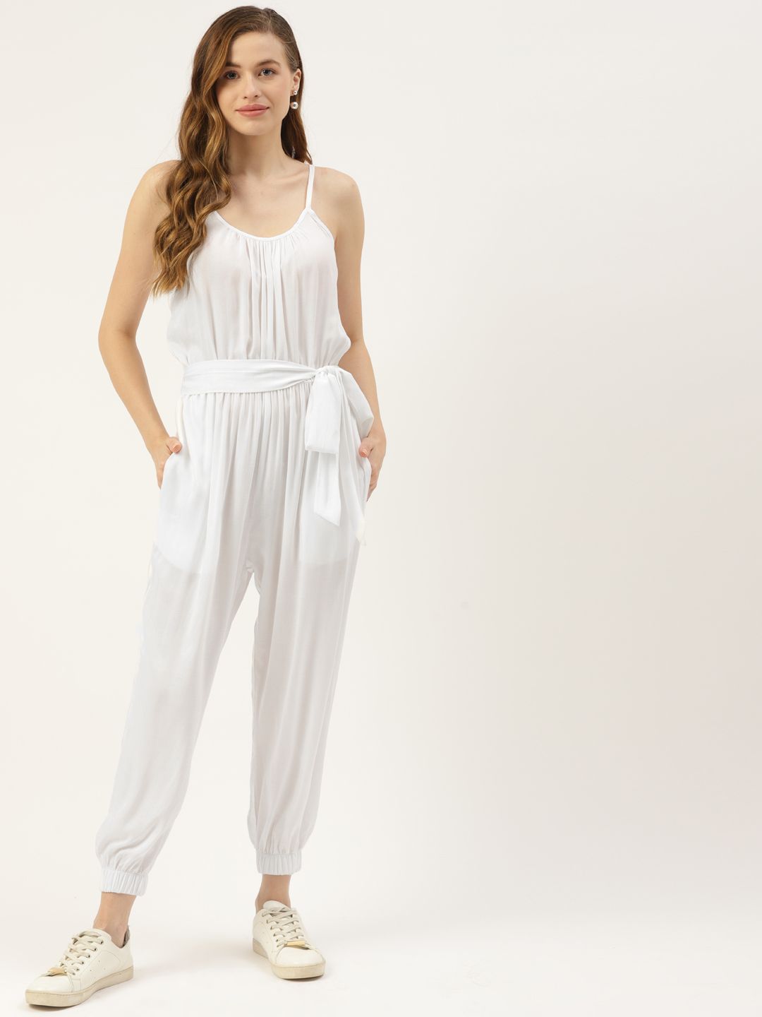 BRINNS White Solid Jogger Jumpsuit with Belt Price in India
