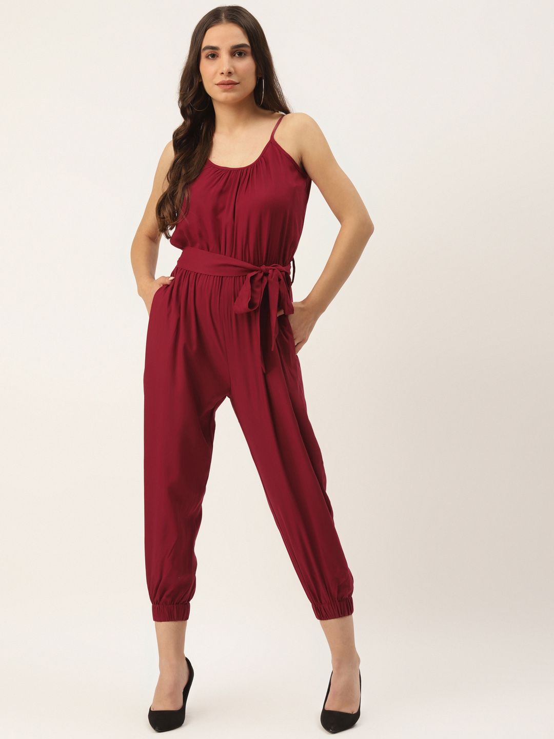 BRINNS Women Maroon Solid Basic Cropped Jumpsuit with Tie-Up Detail Price in India