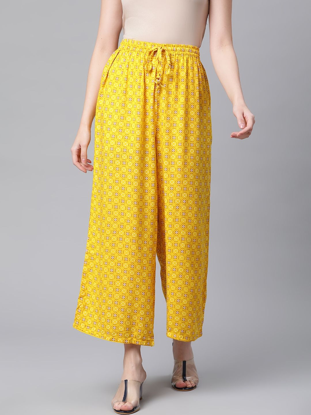 Rangriti Women Yellow Printed Cropped Ethnic Palazzos Price in India