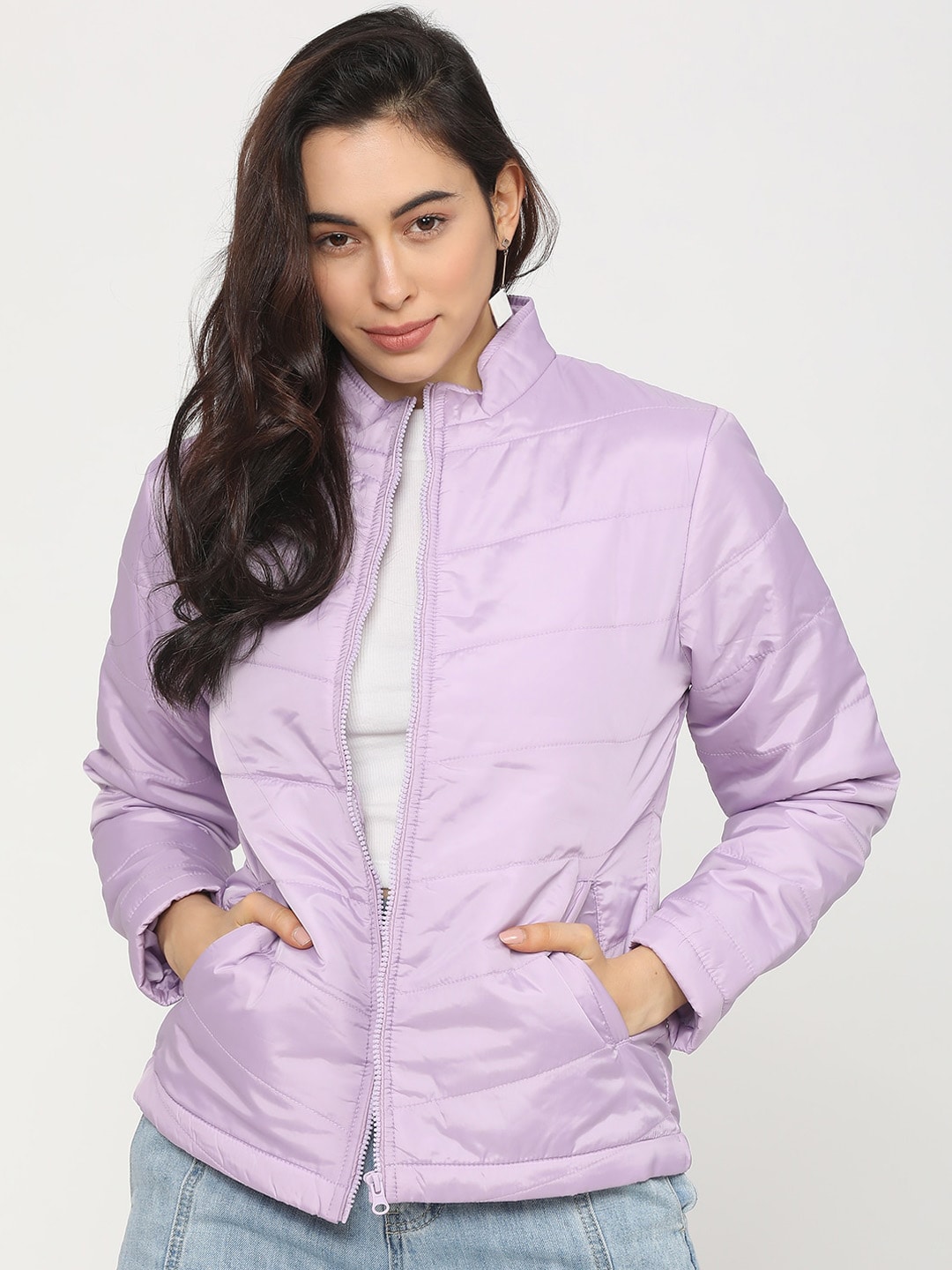 Tokyo Talkies Women Purple Colourblocked Crop Padded Jacket Price in India
