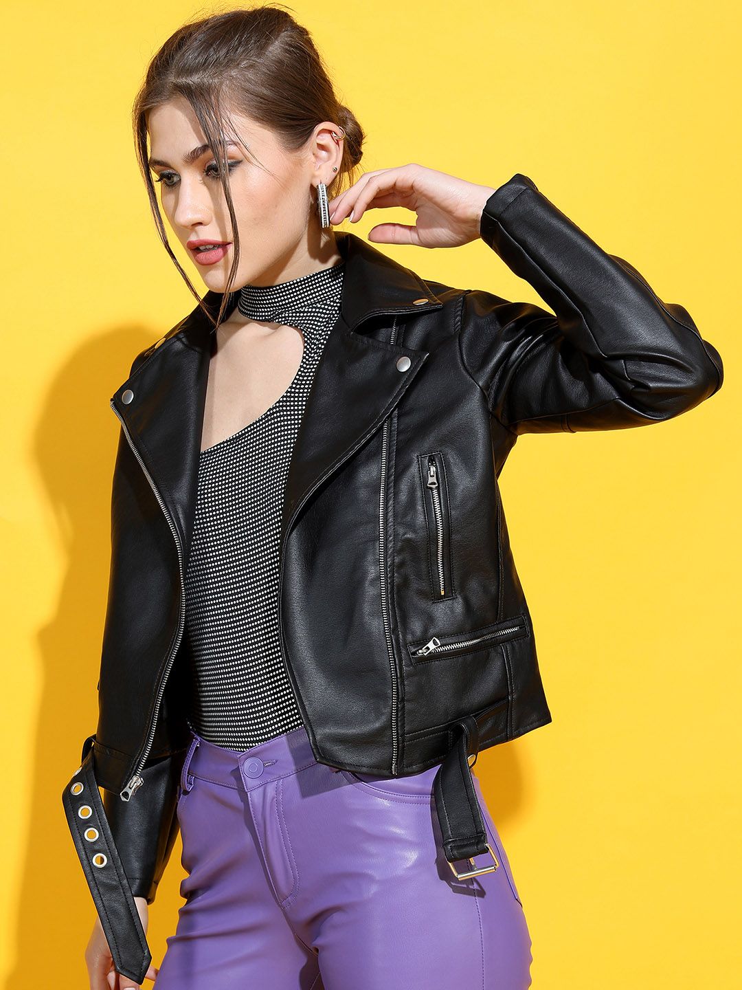 Tokyo Talkies Women Black Leather Crop Biker Jacket Price in India