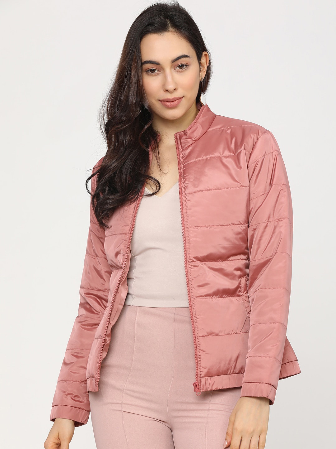 Tokyo Talkies Women Rose Gold-Coloured Solid Padded Jacket Price in India