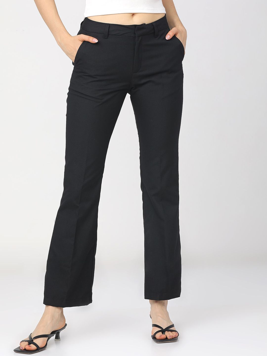 Tokyo Talkies Women Black Straight Fit Easy Wash Bootcut Trousers Price in India