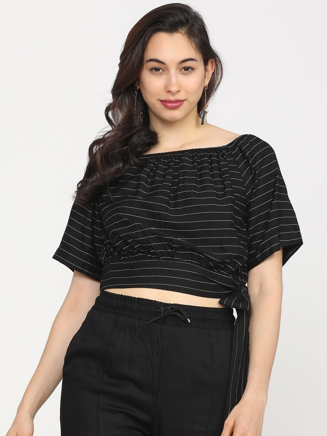 Tokyo Talkies Black Striped Regular Crop Top