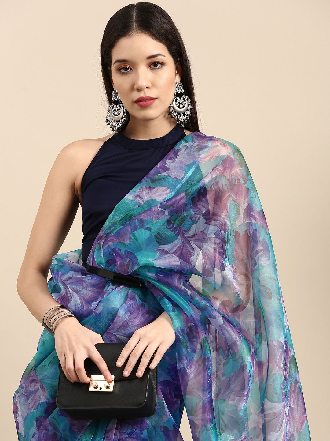 Sangria Purple & Blue Floral Organza Saree