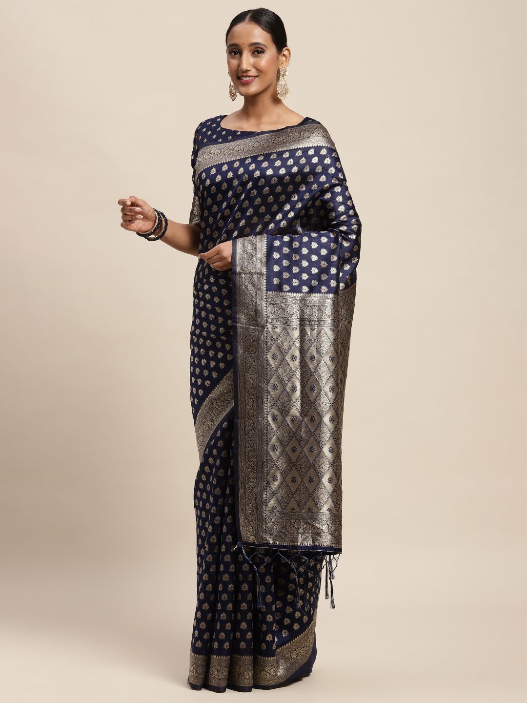 Saree mall Navy Blue Ethnic Motifs Silk Blend Banarasi Sarees Price in India