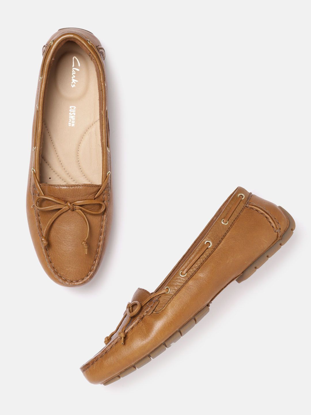 Clarks Women Tan Brown Solid Leather Driver Boat Shoes with Bows Price in India