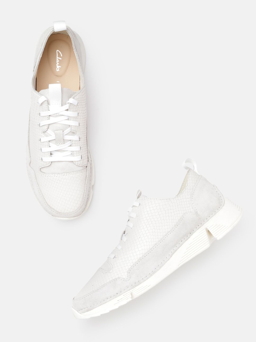 Clarks Women White Snakeskin Textured Leather Sneakers with Price in India