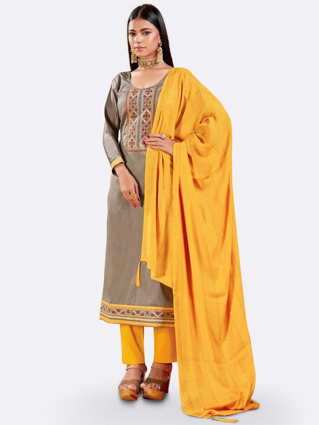 Kvsfab Grey & Yellow Embroidered Unstitched Dress Material Price in India