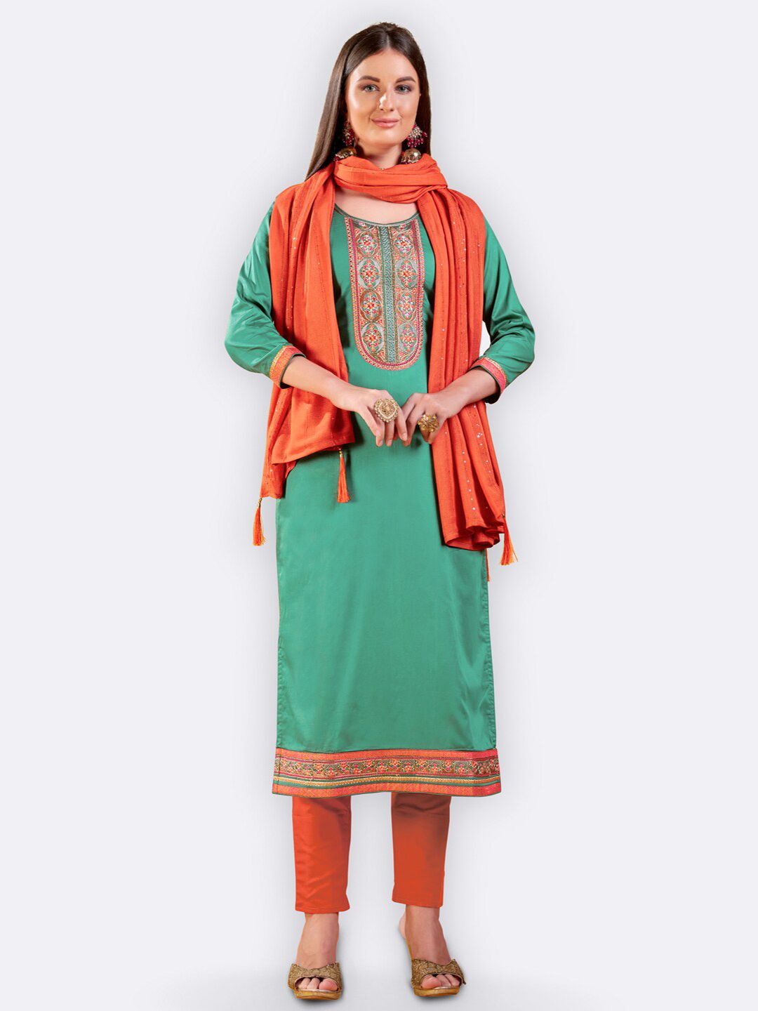 Kvsfab Sea Green & Orange Embroidered Unstitched Dress Material Price in India