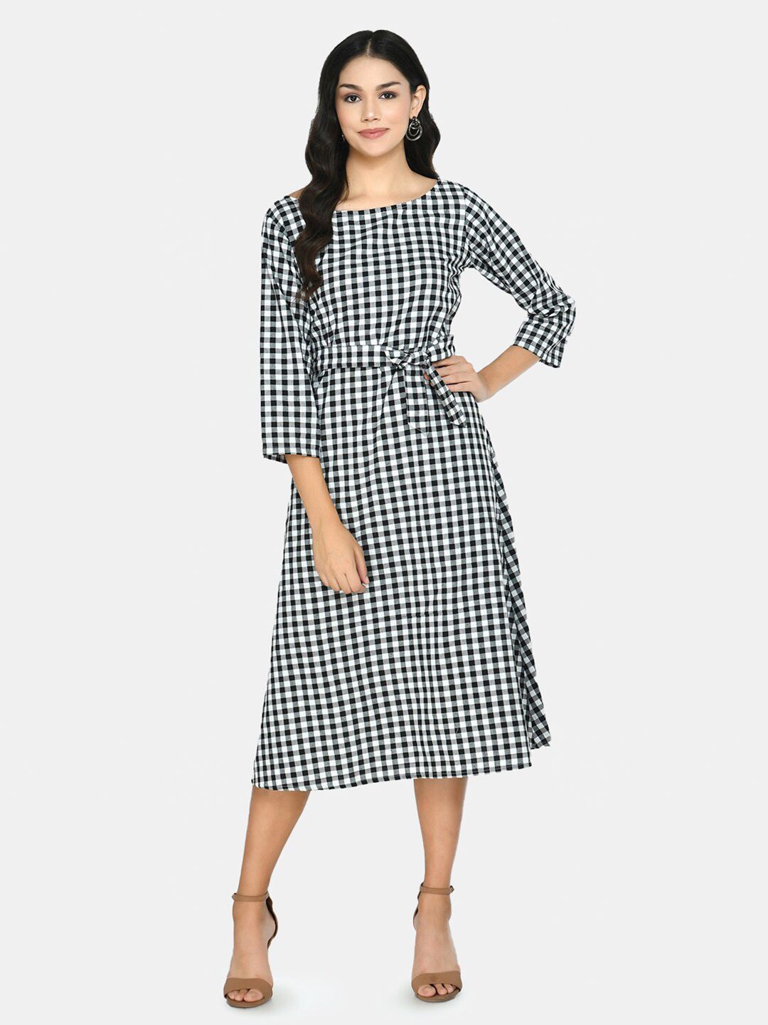 DesiNoor com Black & White Checked Midi Dress Price in India