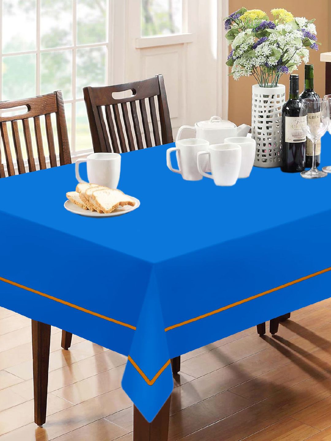 Lushomes Blue Solid 6 Seater Table Cloth with Contrasting Cord Piping Price in India