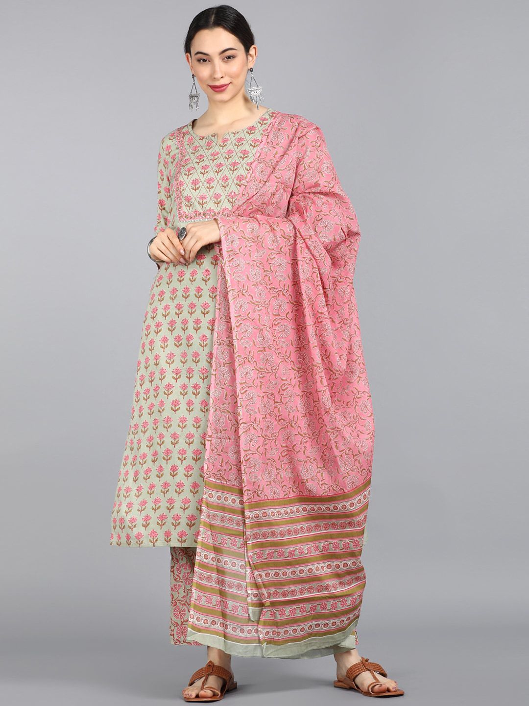 AHIKA Women Green & Pink Ethnic Motifs Printed  Pure Cotton Kurta with Palazzos & Dupatta Price in India