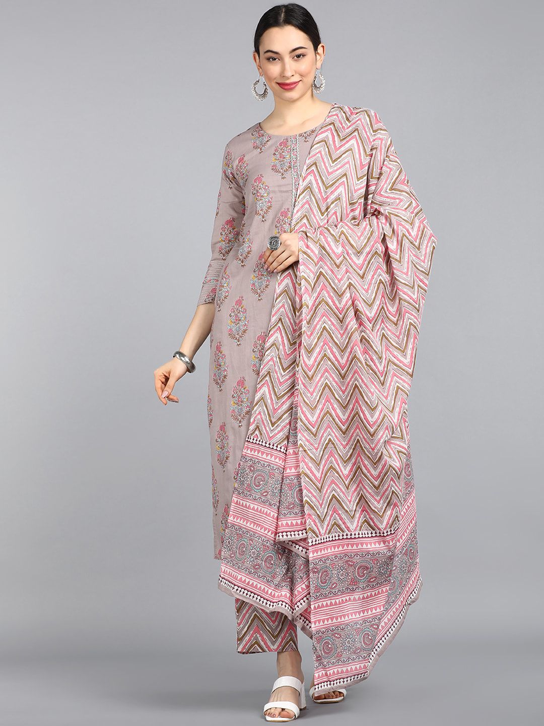 AHIKA Women Grey Printed Pure Cotton Kurti with Trousers & With Dupatta Price in India