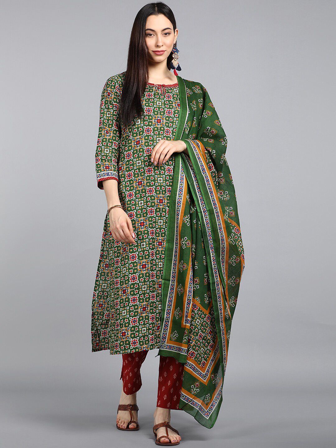 AHIKA Women Green Printed Regular Pure Cotton Kurta with Trousers & With Dupatta Price in India