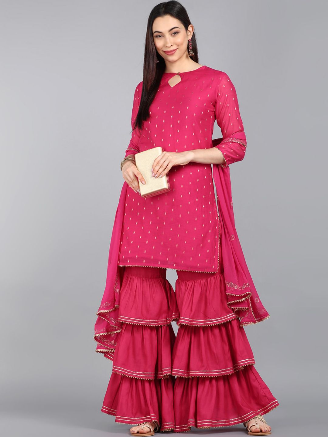 AHIKA Women Pink Ethnic Motifs Embroidered Regular Pure Cotton Kurta with Sharara & With Dupatta Price in India