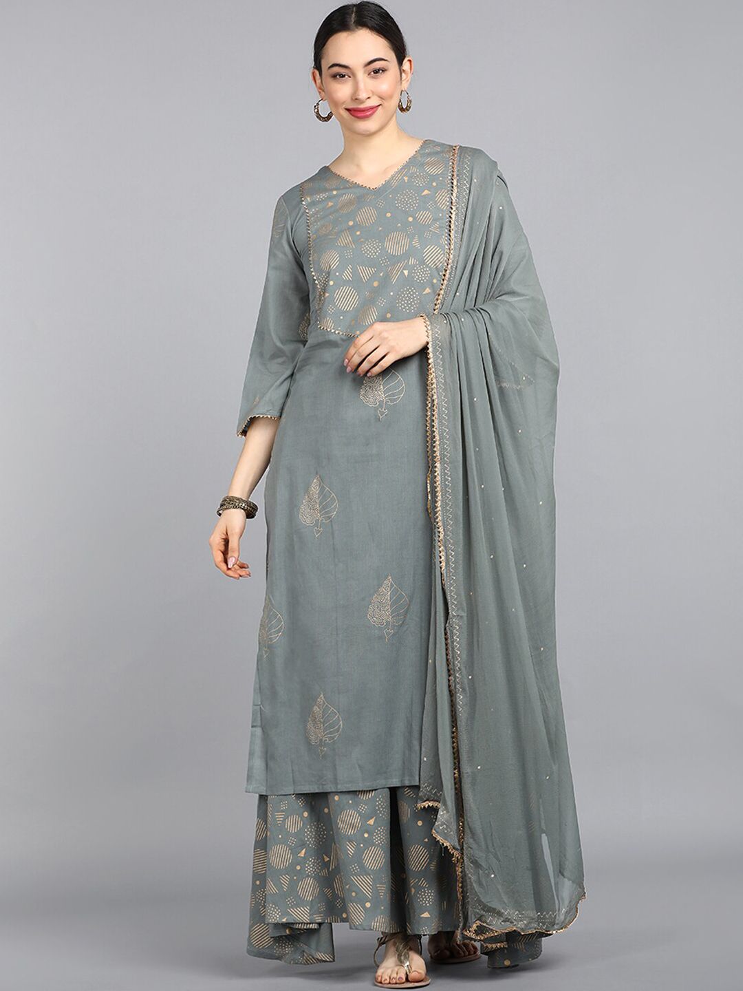 AHIKA Women Grey & Gold-Toned Embroidered Pure Cotton Kurta With Palazzos & Dupatta Price in India