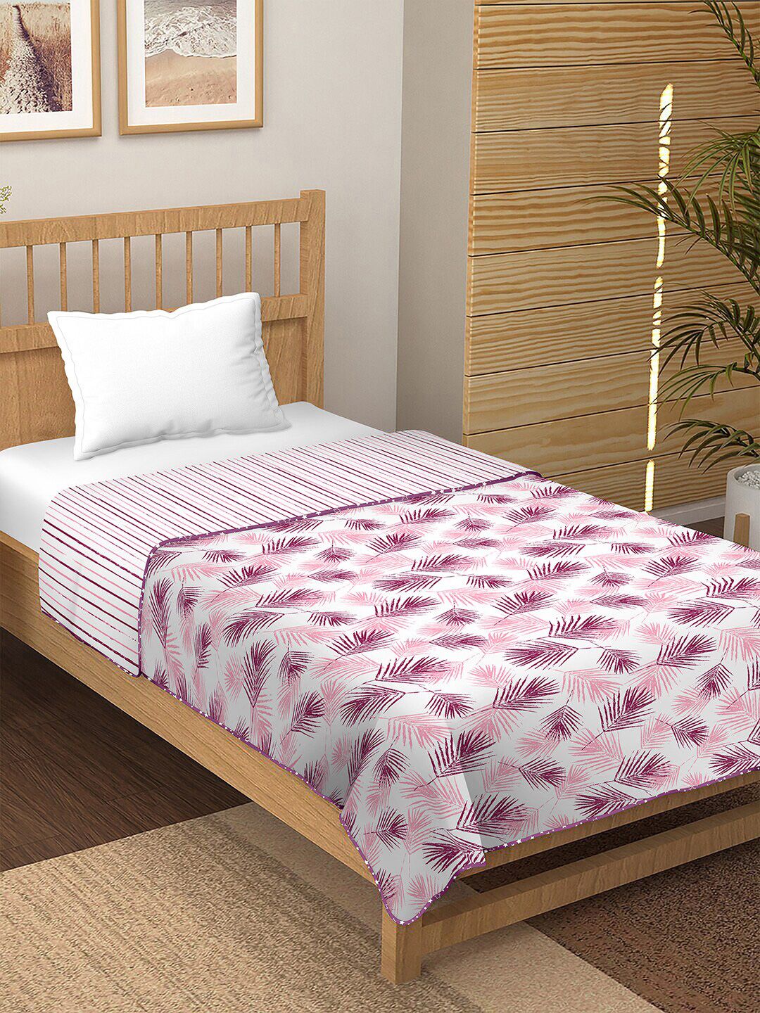 BELLA CASA White & Pink Floral AC Room 210 GSM Single Bed Dohar Price in India