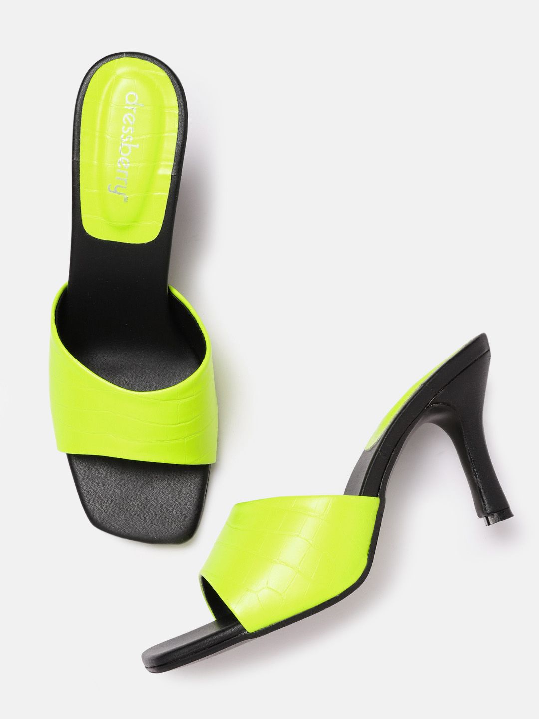 DressBerry Neon Green Croc Textured Slim Heels Price in India