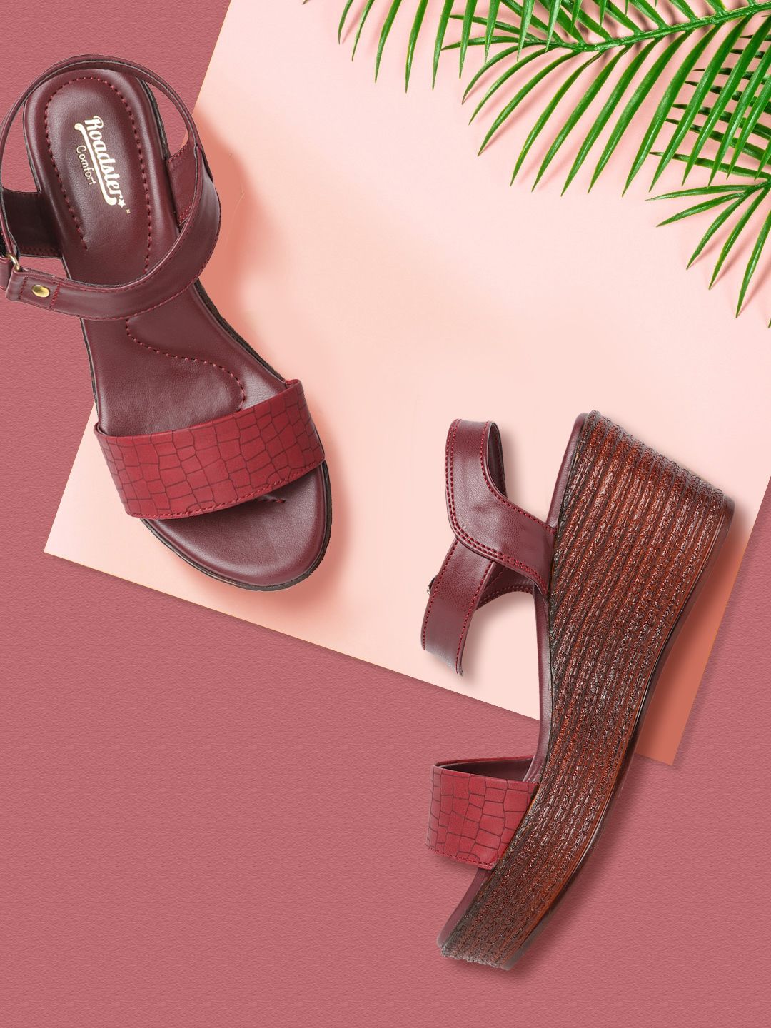 The Roadster Lifestyle Co Burgundy Croc Textured Wedges Price in India
