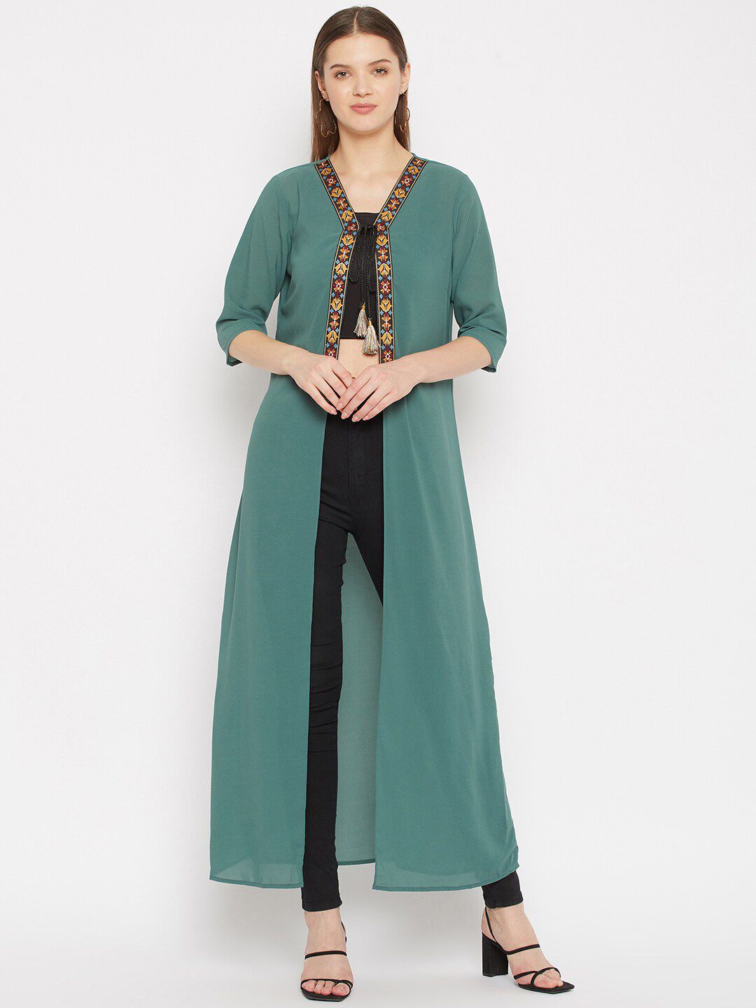 Imfashini Women Green Embroidered Longline Shrug Price in India